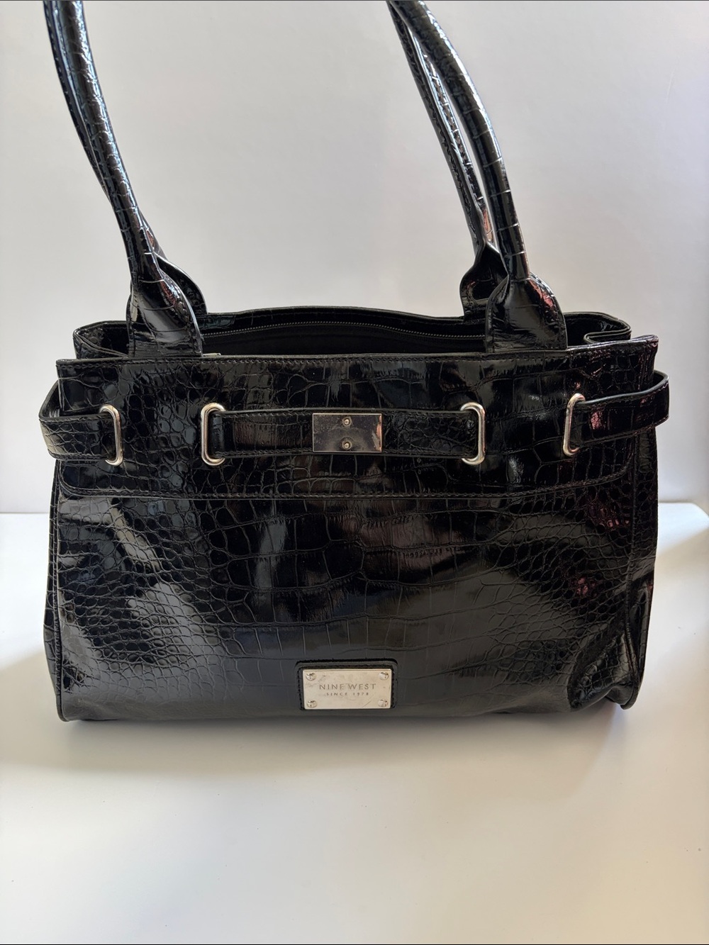 Nine West Black Croc-Embossed Shoulder Bag with Silver Hardware